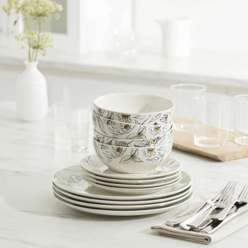 12-Piece Botanica Dinnerware Set for 4, Floral Design Plates Bowls Mugs, Complete Service for Family Dining, Dishwasher Safe Tableware Set for Home Ki