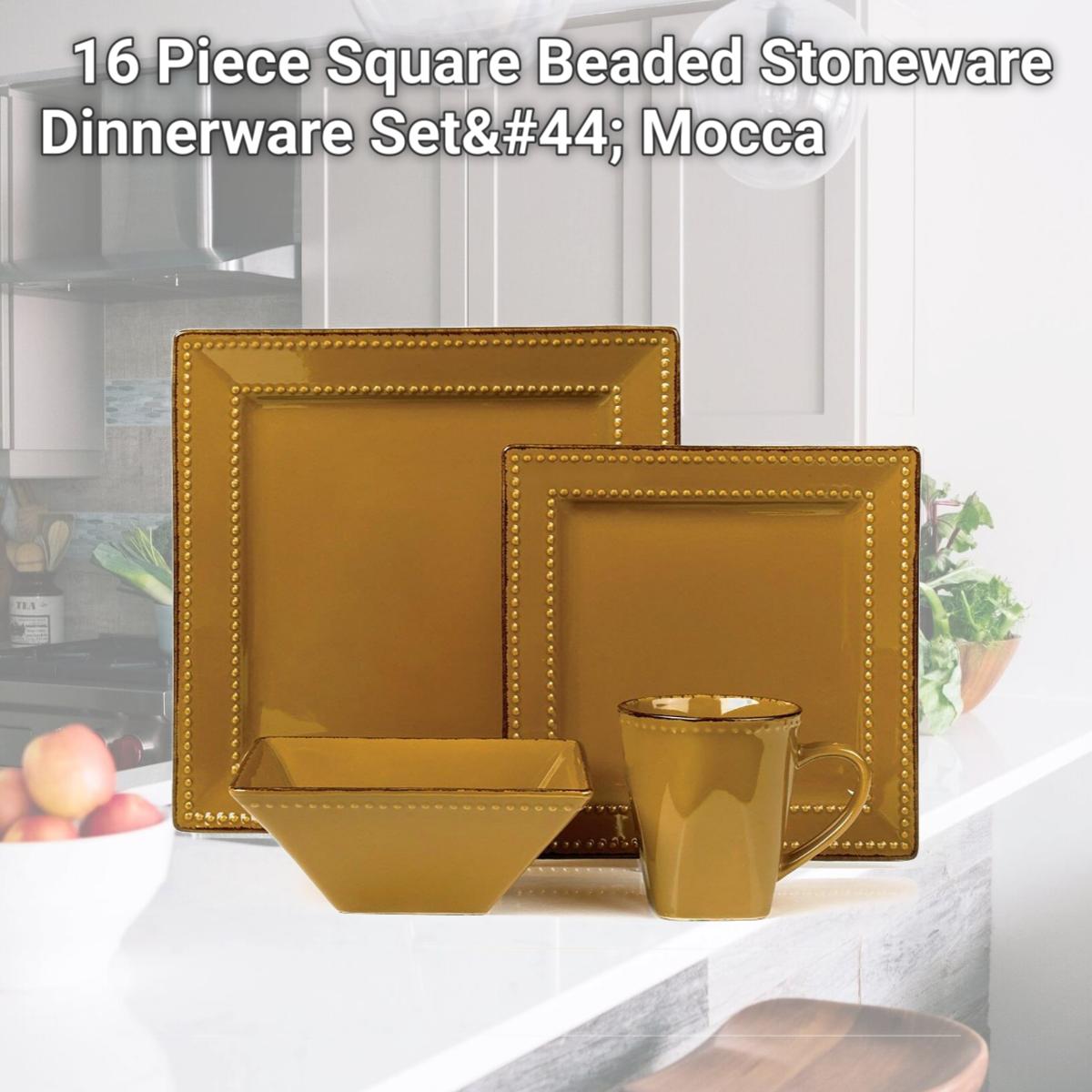 Square Beaded Stoneware Dinnerware Set, Mocca