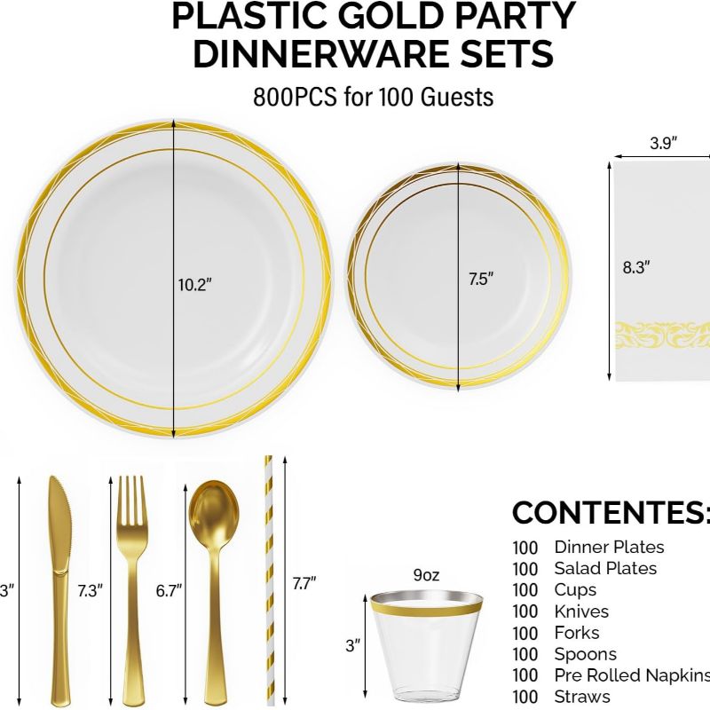 ROVSUN 800 Pcs Gold Disposable Dinnerware Set 100 Guests, Elegant Plastic Plates for Party Wedding,100 Dinner Plates, 100 Dessert Plates, 100 Cups, 10