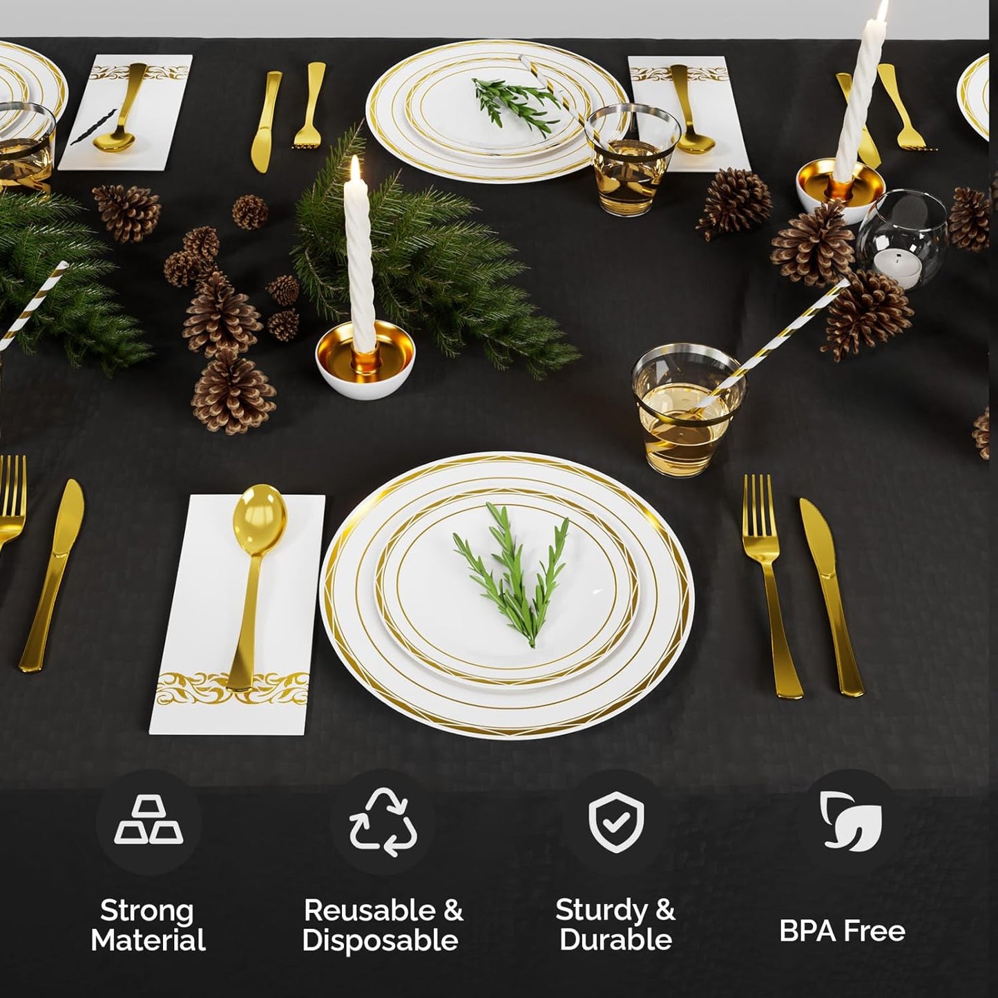 ROVSUN 800 Pcs Gold Disposable Dinnerware Set 100 Guests, Elegant Plastic Plates for Party Wedding,100 Dinner Plates, 100 Dessert Plates, 100 Cups, 10