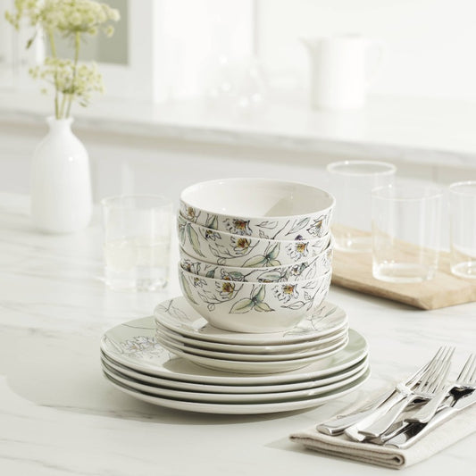 12-Piece Botanica Dinnerware Set for 4, Floral Design Plates Bowls Mugs, Complete Service for Family Dining, Dishwasher Safe Tableware Set for Home Ki