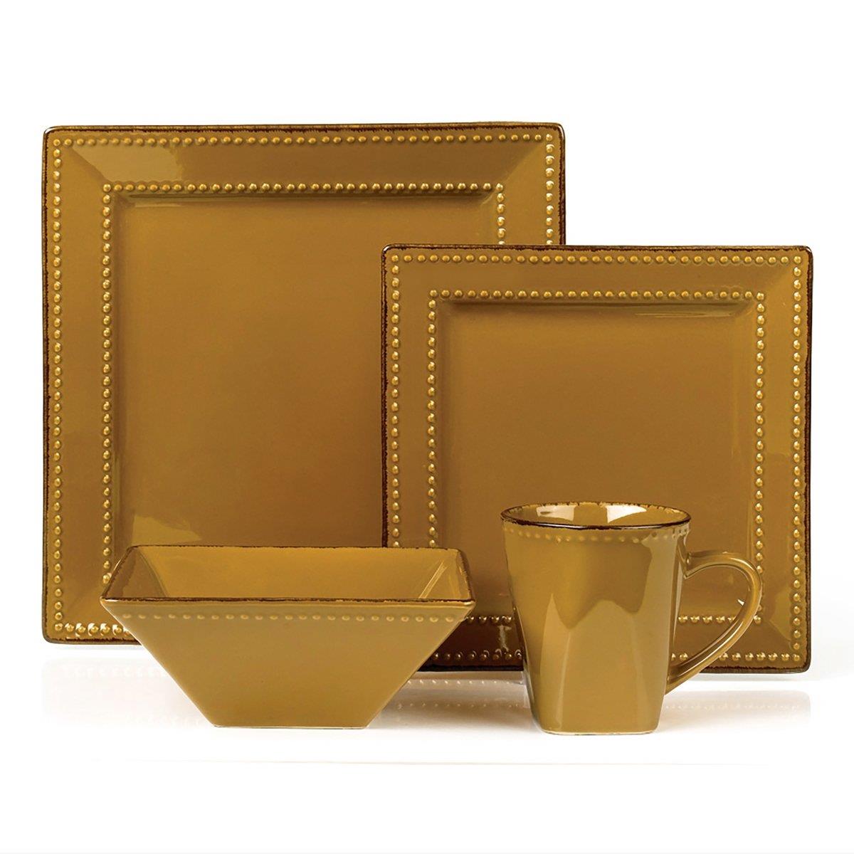 Square Beaded Stoneware Dinnerware Set&#44; Mocca