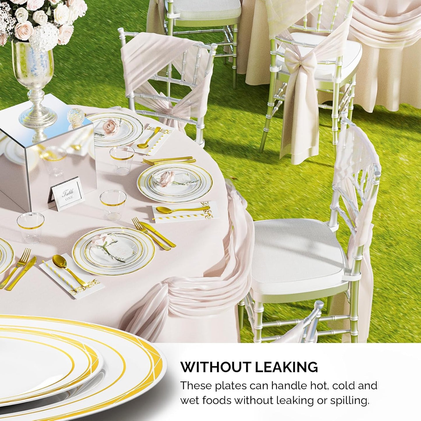 ROVSUN 800 Pcs Gold Disposable Dinnerware Set 100 Guests, Elegant Plastic Plates for Party Wedding,100 Dinner Plates, 100 Dessert Plates, 100 Cups, 10