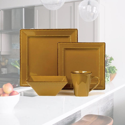 Square Beaded Stoneware Dinnerware Set&#44; Mocca